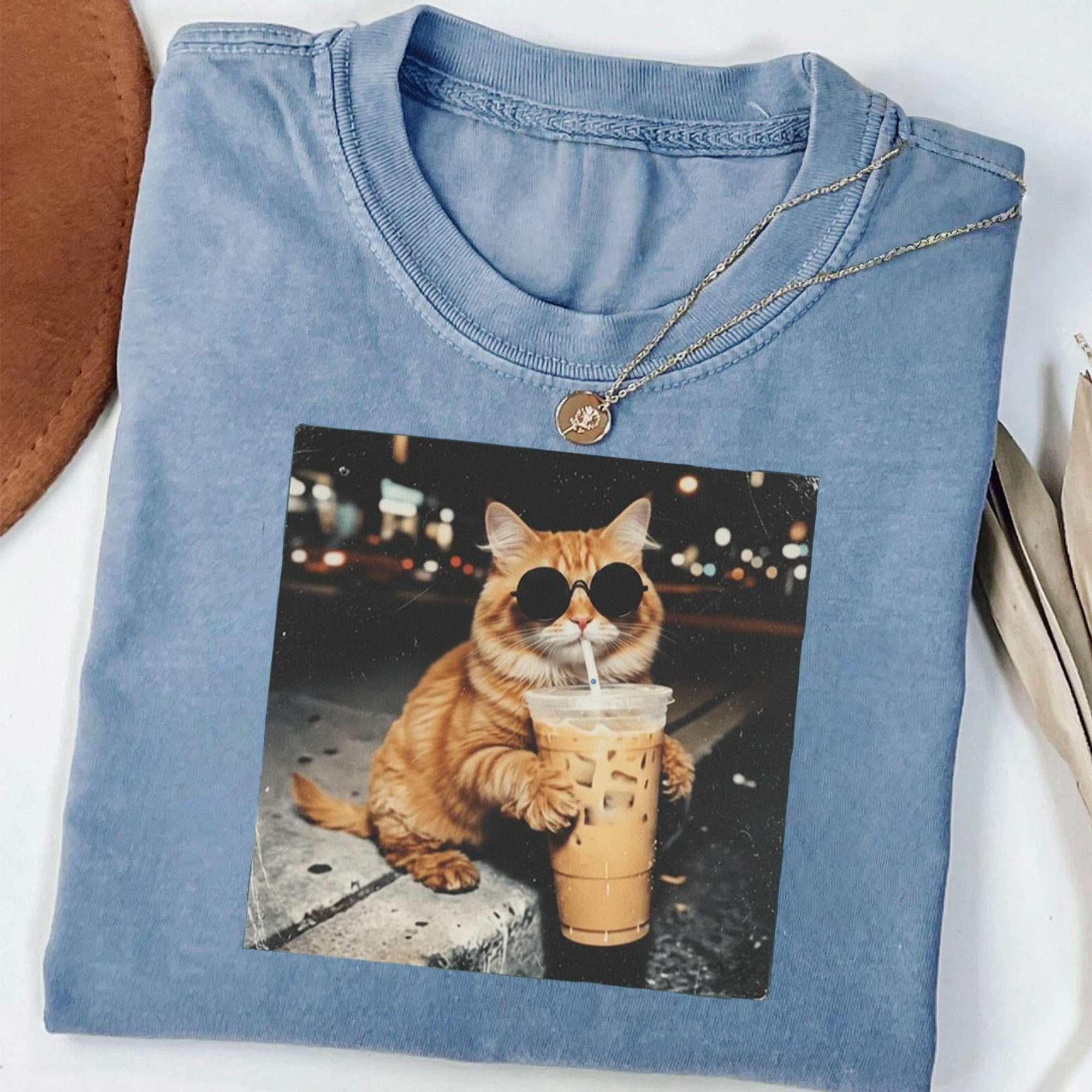 Cool Cat Drinking Iced Coffee Shirt